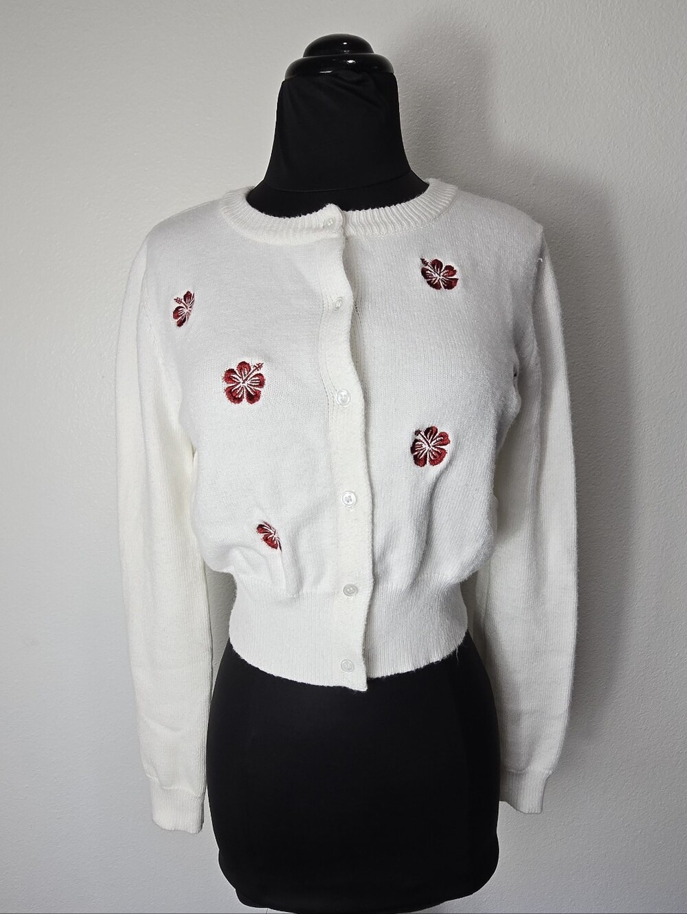 Sugarkiss White Button-Up Cardigan with Red Floral Embroidery